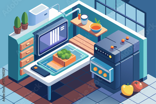 Isometric Kitchen with a Smart Oven and Digital Screen
