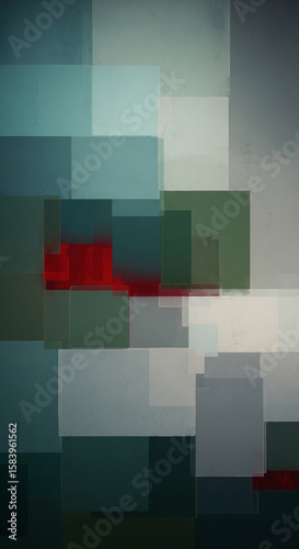 Abstract artwork featuring overlapping gray, green, and red rectangles, creating a layered and textured effect, showcasing a modern and minimalist design ideal for backgrounds