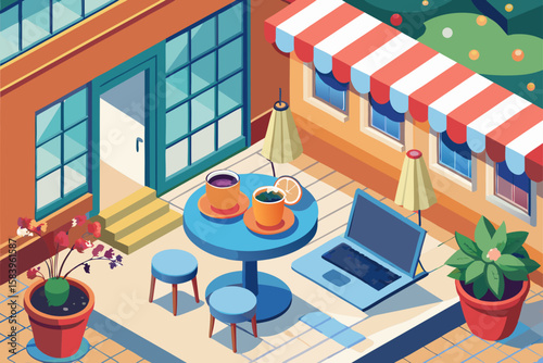 Isometric Vector of a Cafe Terrace with a Laptop on the Table
