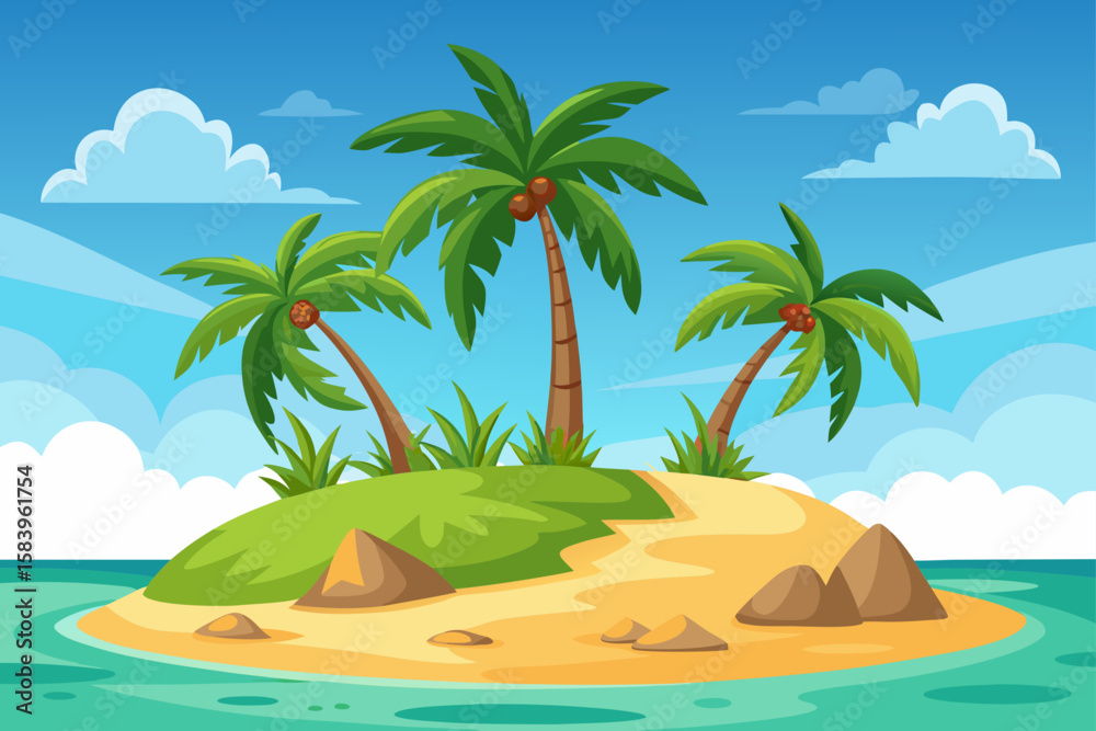 Fototapeta premium Tropical Island Plain with Palm Trees and Light Sand