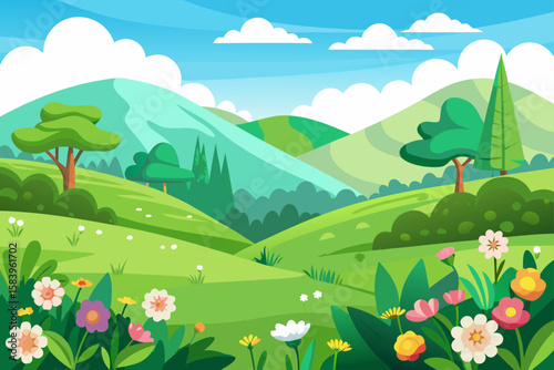 Spring Green Landscape with Flower Patches and Hills