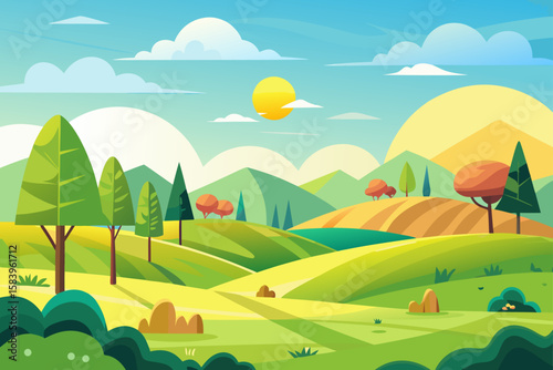 Sunny Countryside with Cartoon Hills and Minimal Trees