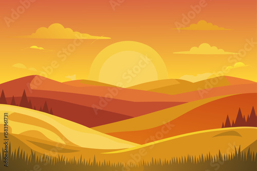 Sunset Over a Yellow Meadow Vector Art with Orange Glow