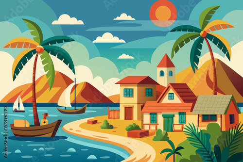 Vector Art of a Seaside Village with Boats and Palm Trees