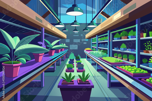 Vector Illustration of a Modern Indoor Plant Nursery