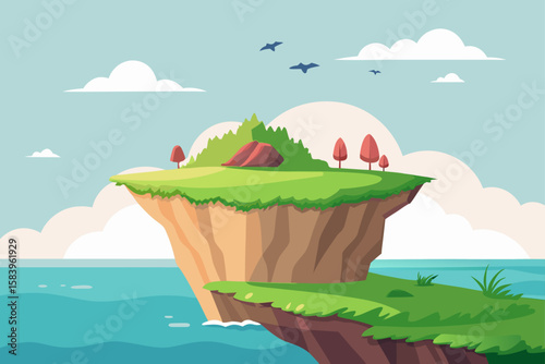 Vector Island Cliff with a Grassy Top and the Ocean Below