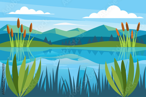 Vector Lake Edge with Reeds and Soft Grass