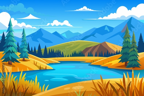 Vector Landscape with a Clear Blue Lake and Distant Pine Trees
