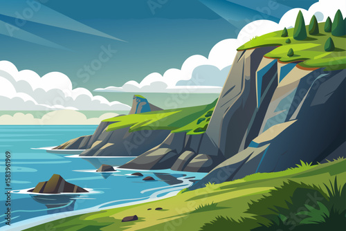 Vector Rocky Coastline with Grass Slopes and a Gentle Ocean