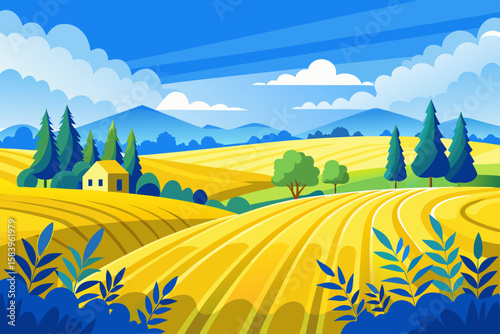 Vector Style Farmland with Yellow Crops and Blue Hills