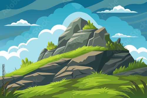 Vector Style Rocky Hill Landscape with Moss and Grass