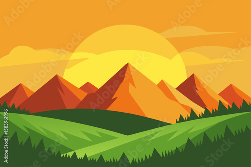 Vector Sunrise Over a Mountain Ridge in Yellow and Orange