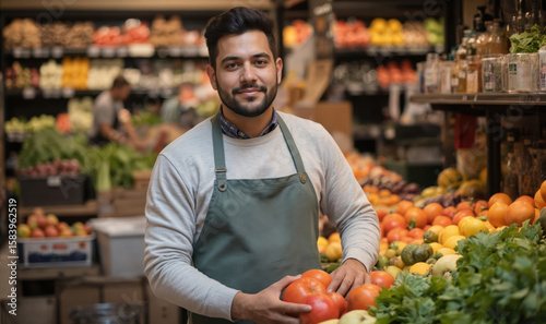 Young confident male grocer stands proudly in market, dressed in green apron and white shirt. He holds ripe red tomato in left hand. Various colorful fruits and veggies in background.