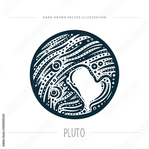 Hand-drawn vector illustration of Pluto with abstract surface texture and bold graphic lines. Stylized dwarf planet in vintage engraving style. Ideal for astronomy themes. Part of set.