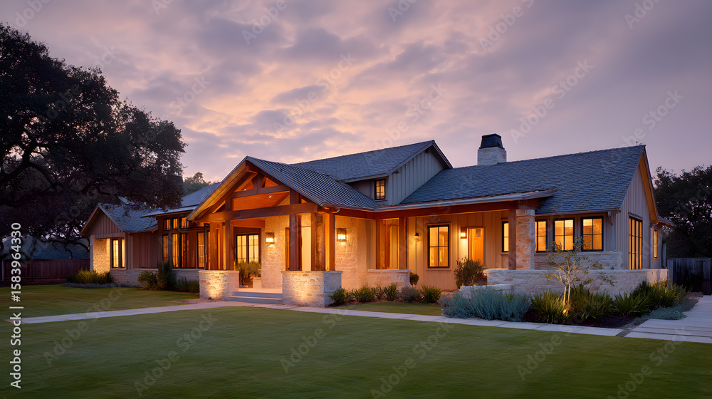 Fototapeta premium Luxurious custom home showcasing elegant architecture and professional landscaping at dusk