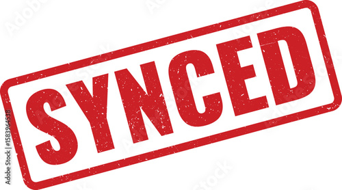 Red Synced Rubber Stamp on White Background Authenticity, Validation, and Synchronization Symbolism for Data Integrity