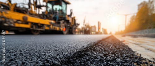 Asphalt Paver Machine Laying New Road Surface at Sunset Road Construction and Infrastructure Development Concept