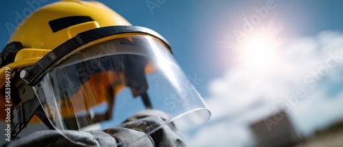 Construction worker wearing yellow hard hat and face shield outdoors on a sunny day Safety equipment for industrial work and protection against workplace hazards