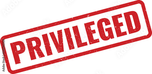 Red Distressed Privileged Stamp on White Background, Showing Scratches and Wear, Angled View