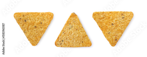 Tortilla chips or nachos mexican triangle corn snack isolated on white background top view