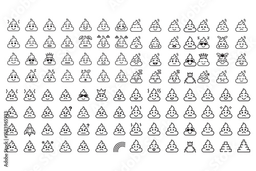 Diverse poop emojis with various expressions and accessories smiling crying