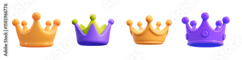 Sticker pack with 3d crowns of different colors, clipart icon crowns set