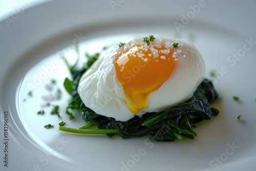 Elegant poached egg with runny yolk, served on spinach with a sprinkle of salt.