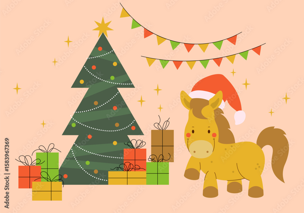 Fototapeta premium Merry Christmas. Gifts with bows and ribbons. Stack of colorful present gift box, horse, Christmas tree. Set of wrapped gift boxes isolated on background. 2026 New Year of Horse. Horse with Santa hat