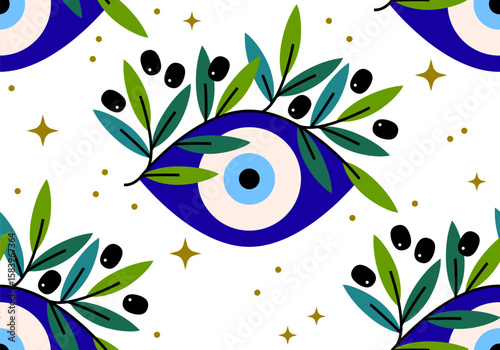 Seamless pattern with Greek olive leaf on evil eye. Symbol of Greece. Olive Eye design. Greek Eye texture. Olive Branches And Evil Eye