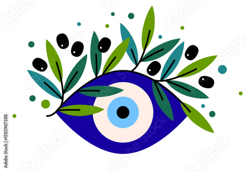 Greek olive leaf on evil eye. Symbol of Greece. Olive Eye design. Greek Eye. Olive Branches And Evil Eye