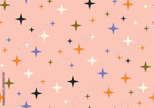 Seamless pattern with stars and sparks. Christmas, birthday design in vibrant colors on a light background. Trendy modern vector illustration. Cute hand drawn flat design