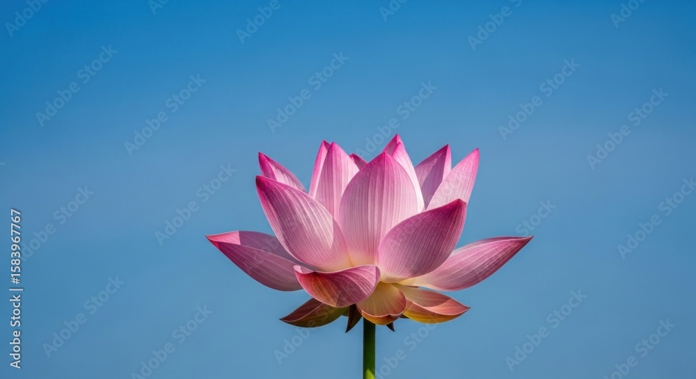 Close-up of a pink lotus flower in full bloom against a clear blue sky. Close-up of a pink lotus flower in full bloom against a clear blue sky.