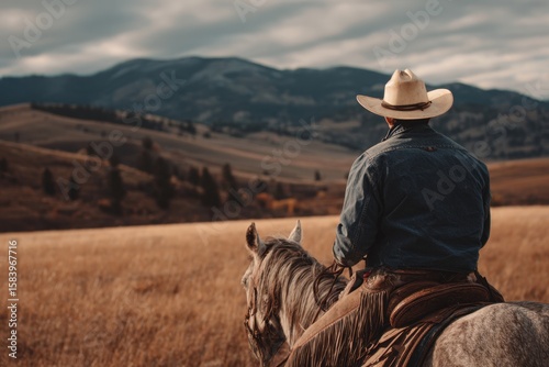 A person riding a horse and wearing a cowboy hat