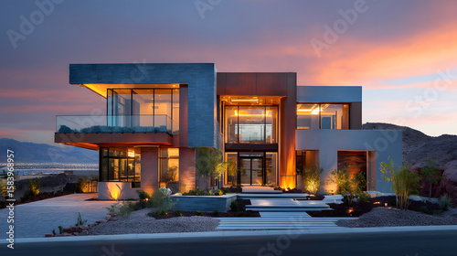 Modern luxury home illuminated at dusk with vibrant desert sunset and panoramic city and mountain views.