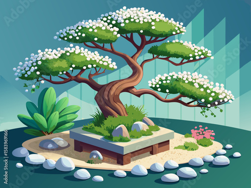 vector of Beautiful landscaping with a bans tree and white pebbles that are thrown around the bans tree to beautify it.