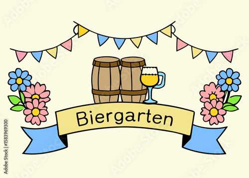 Festive Biergarten decoration featuring colorful ribbons, vibrant flowers, wooden beer barrels, and a refreshing drink, creating a cheerful and inviting atmosphere at summer festivals in Germany
