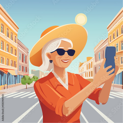 Senior fashion blogger woman in stylish orange outfit takes photos with smartphone on sunny city street, showcasing vibrant urban lifestyle and personal expression
