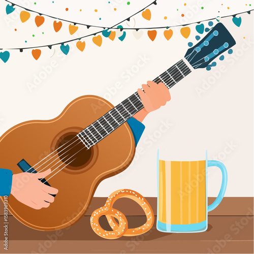 Hand holding guitar strumming chords beside a glass of beer and pretzel on wooden table, festive atmosphere with colorful lights creating a joyful Germany Summer Festivals vibe