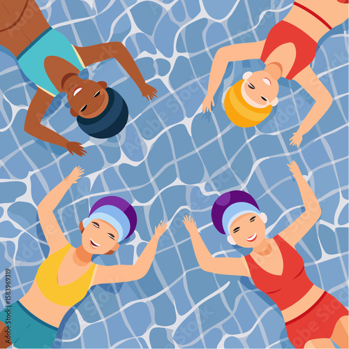 Group of elderly friends enjoying aqua aerobics in a pool, laughing and wearing colorful swim caps, showcasing joy and camaraderie in a vibrant aquatic environment