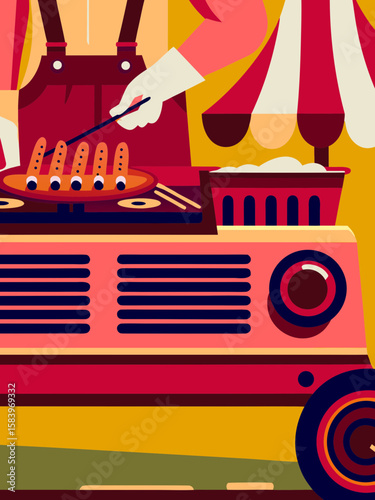 Colorful illustration of street vendor grilling sausages at summer festival, surrounded by vibrant tents and festive atmosphere, showcasing culinary delights and joyful gatherings
