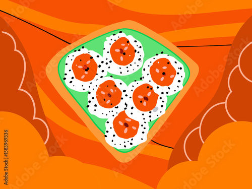 Close-up of avocado toast topped with black sesame seeds and chili flakes, presented in a geometric composition against a vibrant orange background