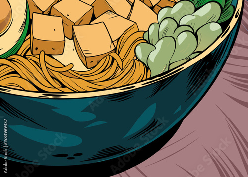 Close-up of vibrant vegan poke bowl featuring colorful ingredients like tofu, noodles, and greens, set against a soft pastel background with copy space for text