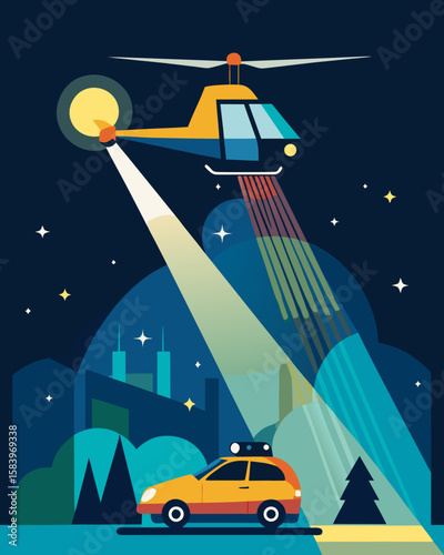 Helicopter searchlight illuminating speeding car from above in a dynamic night scene, showcasing vibrant colors and dramatic lighting effects in an urban environment