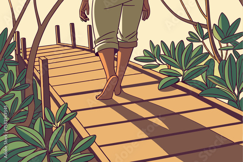 Barefoot traveler walks across a wooden eco-bridge above lush mangroves, strong sunlight illuminating the scene, creating a serene and vibrant atmosphere in nature