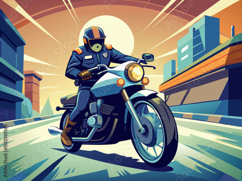 Police officer on motorcycle in pursuit, dynamic angle showcasing motion, blurred street details emphasizing speed and urgency in an urban environment