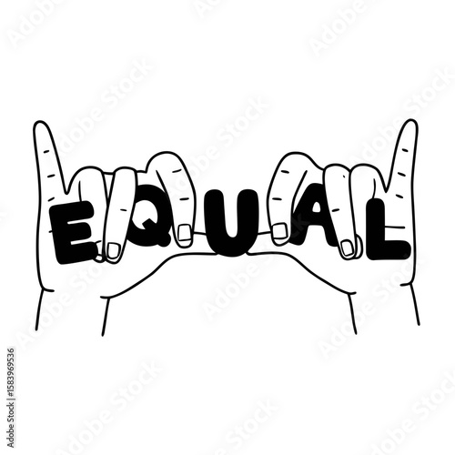 Hands forming word "EQUAL" with black letters on transparent background  