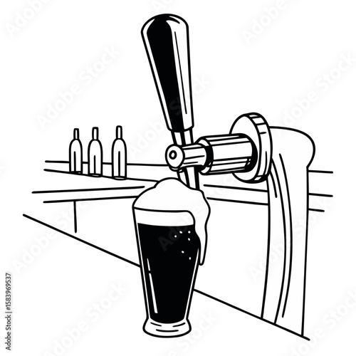 Beer tap pouring dark beverage into glass on bar counter  
