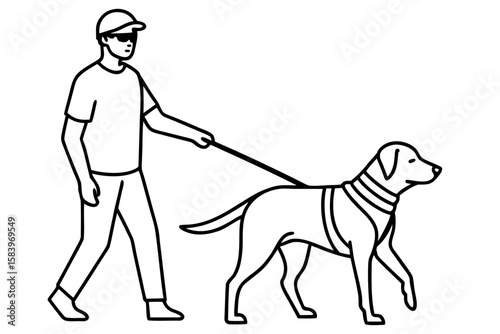 Man walking guide dog in outdoor setting on sunny day  