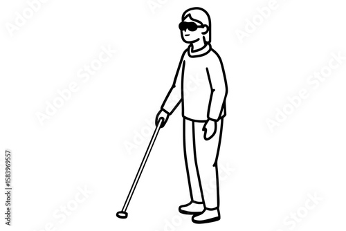 Blind person using white cane while standing in casual clothing  