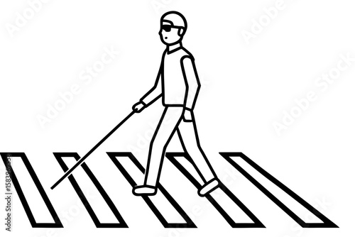 Blind man walking with a cane across a crosswalk in line art style  